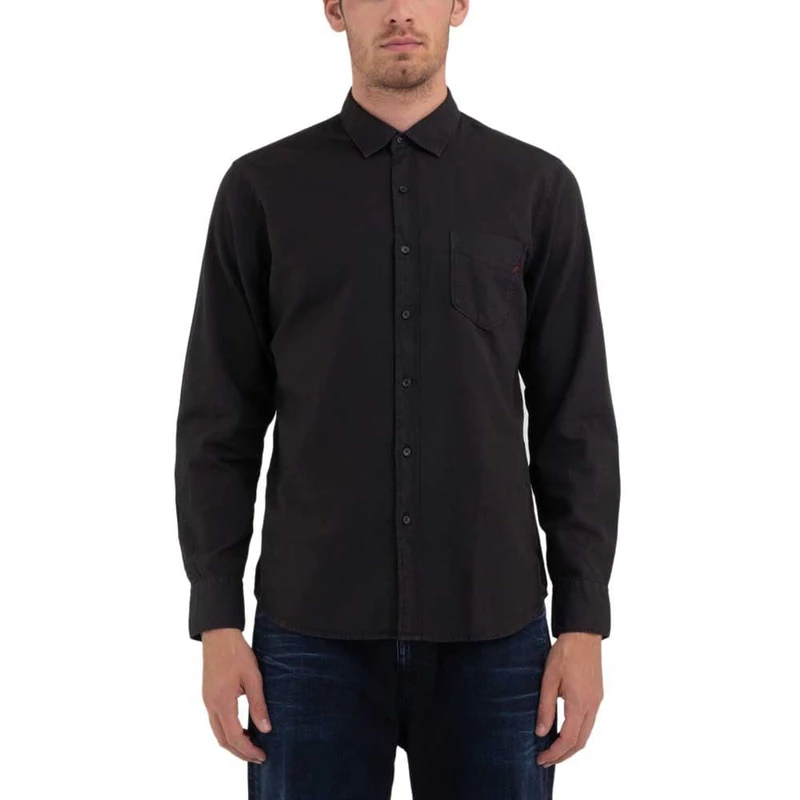 Replay Men's Long Sleeve Shirt Made of Cotton, Black (Nearly Black 998), M