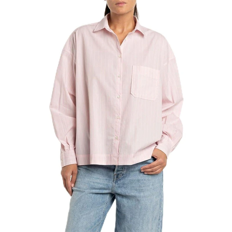 Replay women's long-sleeved shirt made of cotton, multicolored (pink/white 010), S