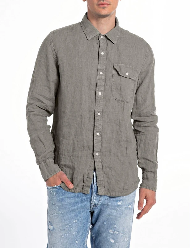Replay Men's Long-Sleeved Linen Shirt, Grey Military 705 (Grey), XS - Image 1