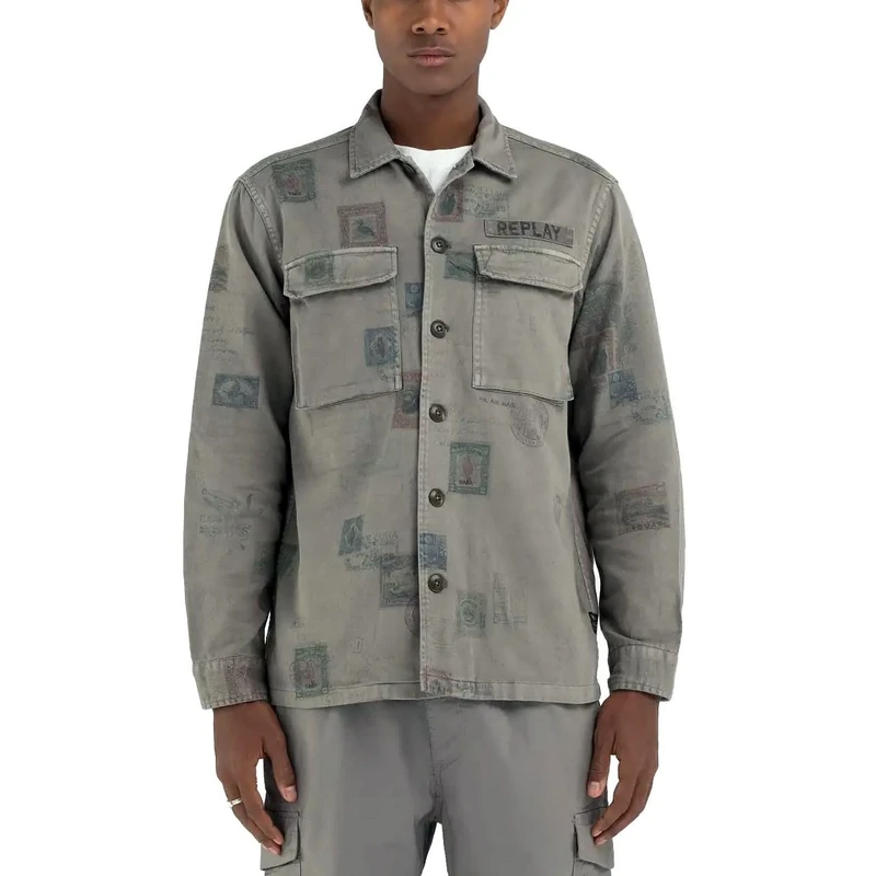 Replay Men's Shirt Jacket Regular Fit Cotton, 705 Grey Military, M