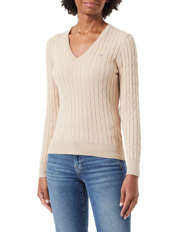 GANT Women's Stretch Cotton Cable V-neck Sweater , Dry Sand,L