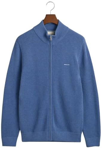 GANT Men's Cotton Pique Zip Cardigan Cardigan Sweater, Denim Blue Mel,
