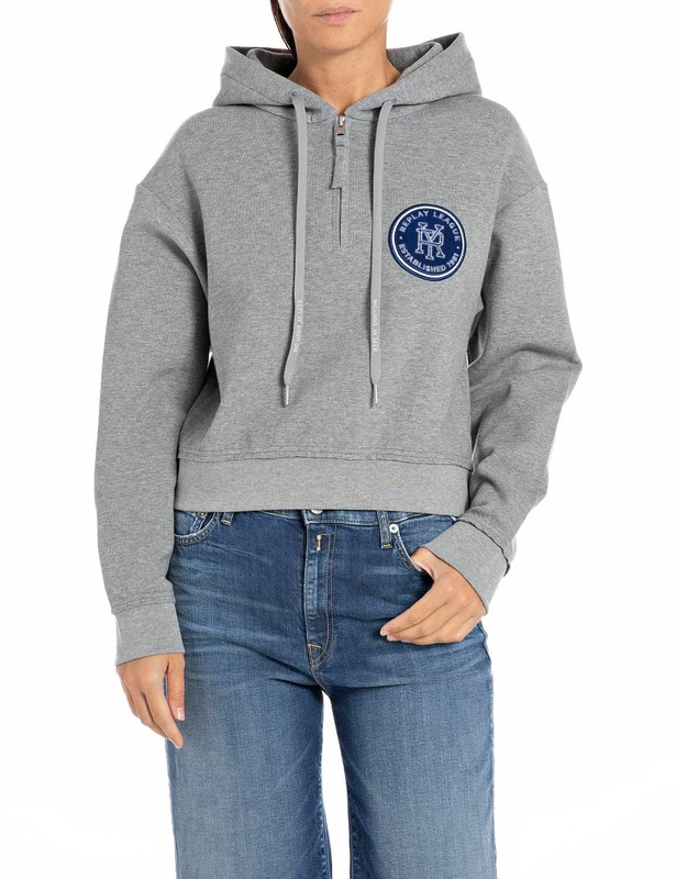 Replay Women's Short Hoodie, M01 Grey Melange, L