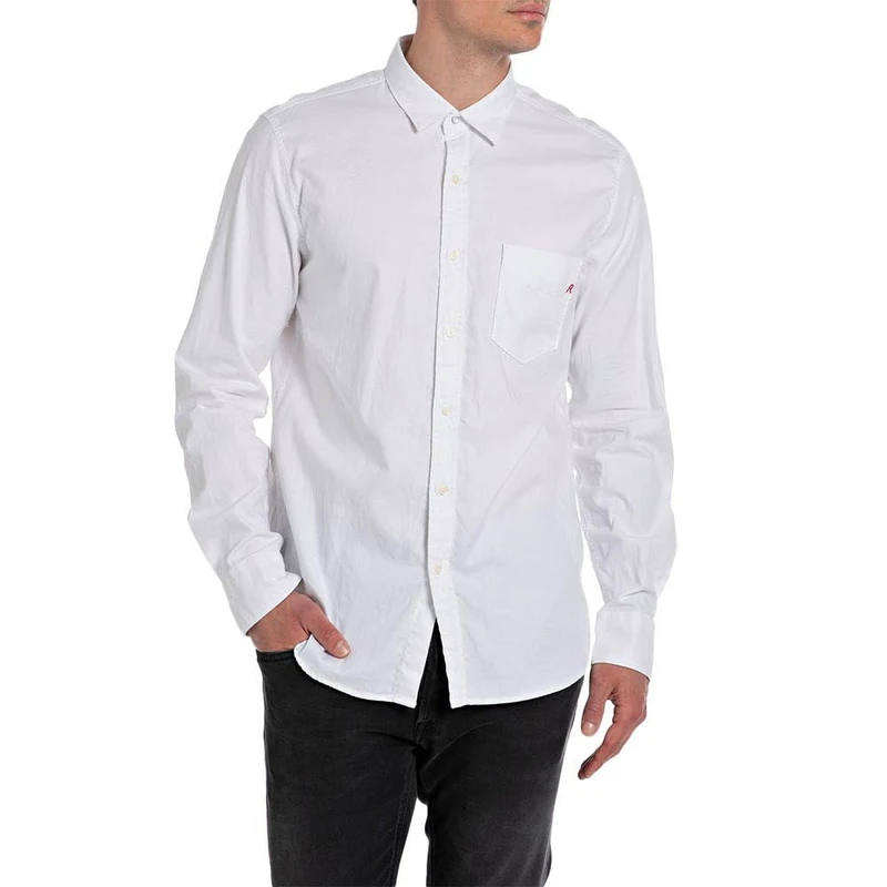 Replay Men's Long Sleeve Shirt Made of Cotton, White (White 001), S