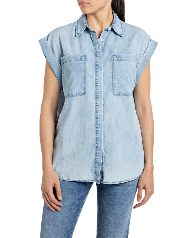 Replay women's short-sleeved denim shirt made of denim, blue (light blue 010), M