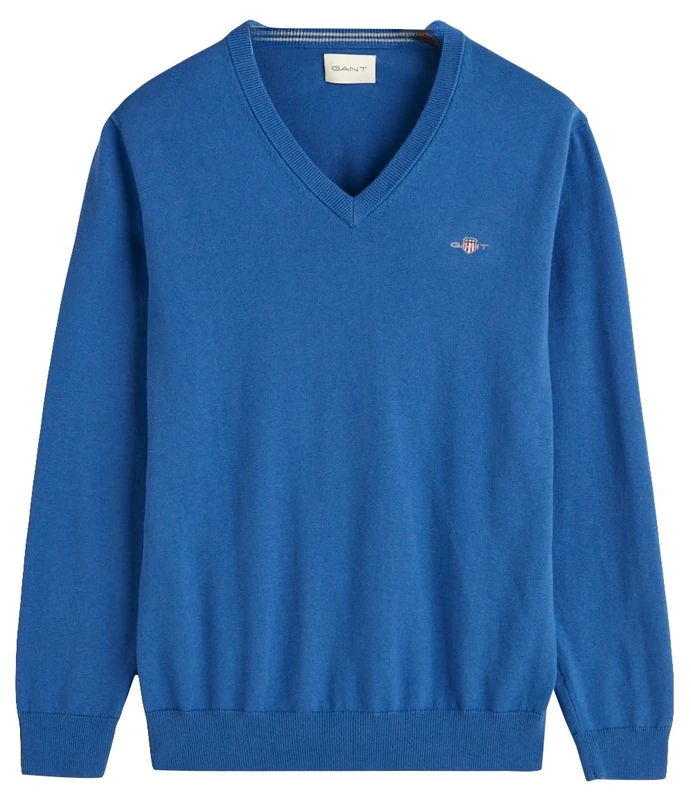 GANT Men's Classic Cotton V-Neck Pullover, Rich Blue, M