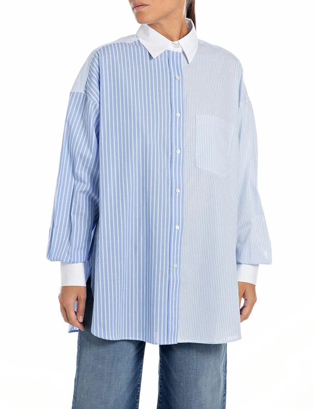 Replay women's long-sleeved shirt made of cotton, multicolored (Azure/Blue/White 010), M