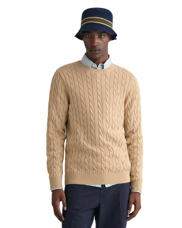 GANT Men's Cotton Cable C-Neck Pullover, Dark Khaki, S