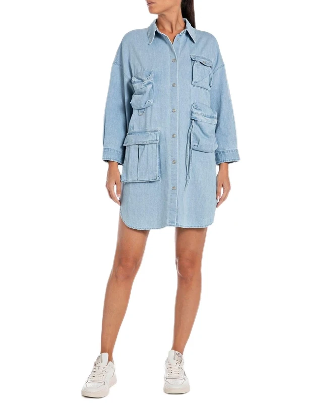 Replay Women's Long Sleeve Denim Dress Made of Cotton, Blue (Light Blue 010), S