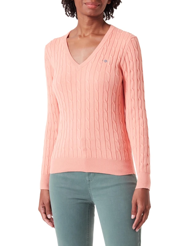 GANT Womens Cotton Cable V Neck Jumper Peachy Pink M