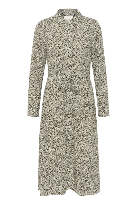 Part Two Women's Shirt Dress Below Knee Length Long Sleeves Pockets Belted, Black Mini Print, UK 4