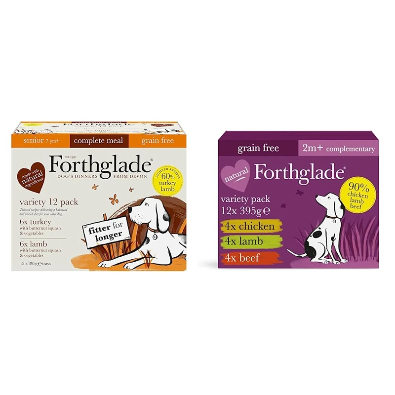 Forthglade Complete Natural Wet Dog Food - Grain Free Variety Pack (12 x 395g) Trays -7 Years+ & Complementary Natural Wet Dog Food - Grain Free & Vegetables Just Variety Pack (12 x 395g) Trays