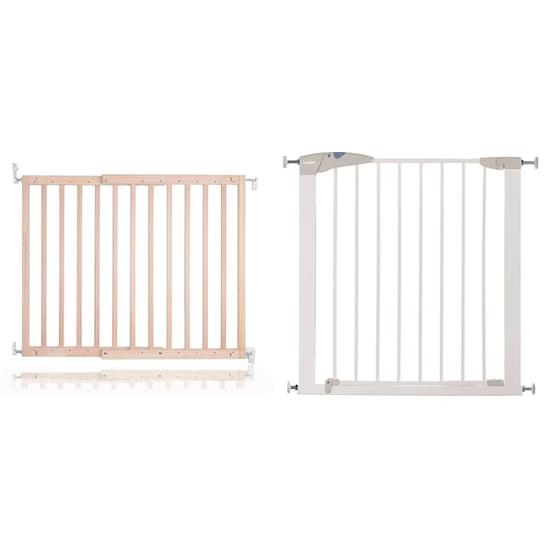 Safetots Chunky Wooden Screw Fit Baby Gate (Natural Wood) & Munchkin Lindam Stair Gate, Sure Shut Axis Toddler & Baby Gate, 76-82cm, White