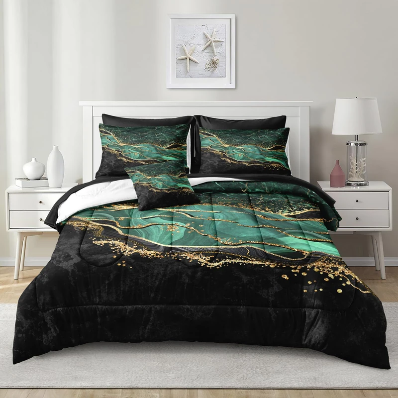 Green Marble Comforter Set Emerald Green Bedding Comforter Black Gold Marble River Abstract Texture Black and Green Comforter Full Size Bed in a Bag 8 Pieces