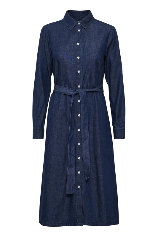 Part Two Women's Shirt Dress Below Knee Length Long Sleeves Tying Belt, Dark Vintage Denim, 8