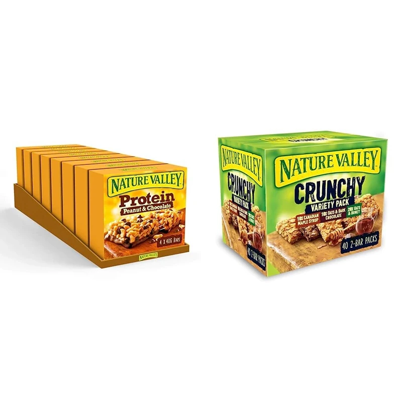Nature Valley Protein Peanut & Chocolate Gluten Free Cereal Bars 4 x 40g (Pack of 8, total 32 Bars) & Crunchy Granola Bars Variety, Pack of 40 Bars