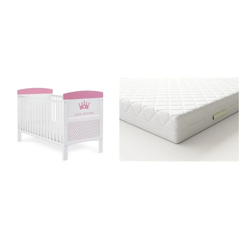 Obaby Grace Inspire Cot Bed, Little Princess & Mother Nurture Classic Eco Fibre Cot Bed Mattress, White, 140 x 70 x 10 cm