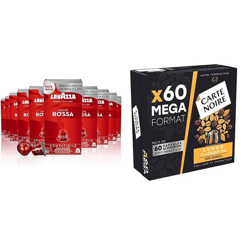 Lavazza, Qualità Rossa, 100 Aluminium Coffee Capsules Intensity 10/13, Medium Roasting, 10 Packs & Carte Noire, Espresso Lungo, Nespresso Compatible Aluminium Capsules, 1 Pack of 60 Coffee Pods