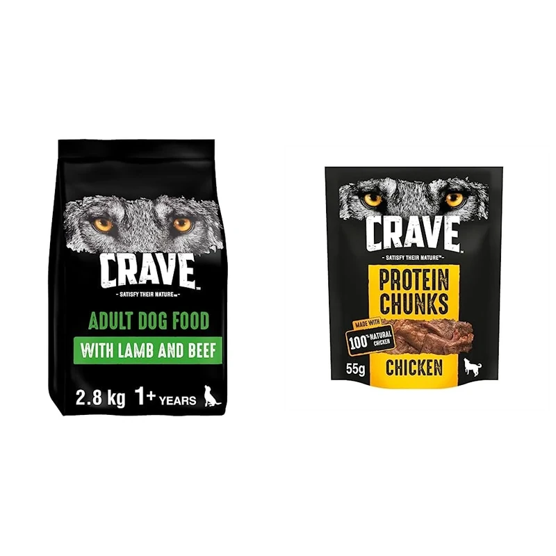 Crave Lamb and Beef 3 x 2.8 kg Bags, Premium Adult Dry Dog Food with High Protein, Grain-free & Protein Chunks 6 x 55 g Snacks, Dog Treats Chicken with High Protein, Grain-free