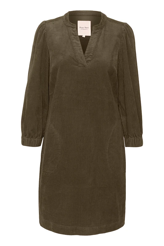 Part Two Women's Dress 3/4 Sleeves V-Notch Neck Corduroy Above Knee Length, Capers, UK 6