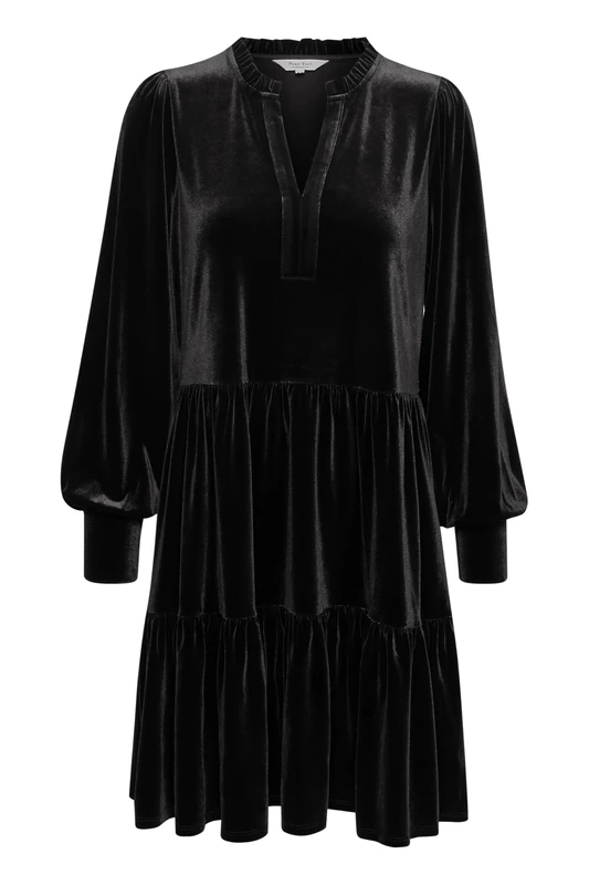 Part Two Women's Velvet Dress 3/4 Sleeves Midi Length Loose Fit V-Notch Neck, Black, XXS