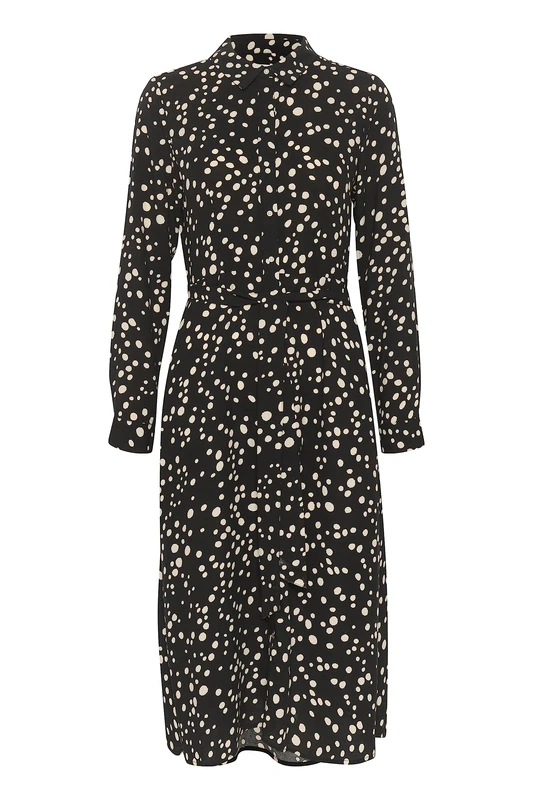 Part Two Women's Shirt Dress Below Knee Length Long Sleeves Pockets Belted, Black Dot Print, 14