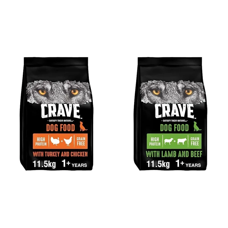 Crave Turkey and Chicken 11.5 kg Bag, Premium Adult Dry Dog Food with High Protein, Grain-free & Lamb and Beef 11.5 kg Bag, Premium Adult Dry Dog Food with High Protein, Grain-free