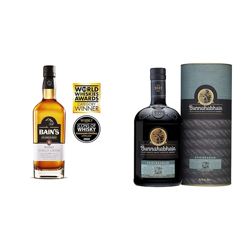 Bains Single Grain South African Whisky, 70 cl & Bunnahabhain Stiuireadair Islay Single Malt Scotch Whisky 700 ml