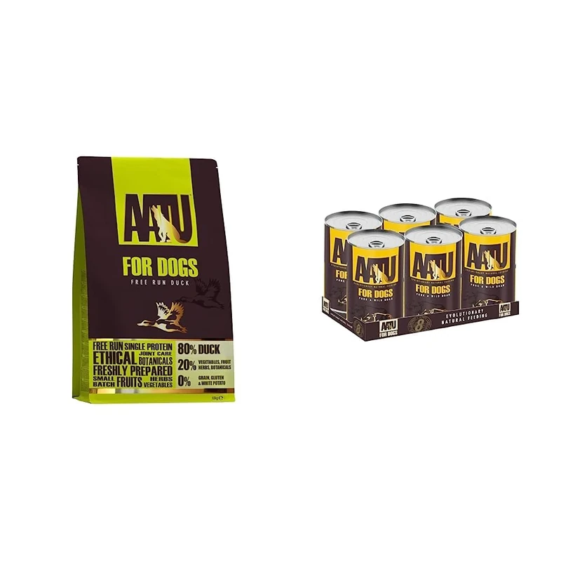 AATU 80/20 Dry Dog Food - Duck 10kg - High Protein Grain Free Recipe & 90/10 Wet Dog Food in a Tin, Wild Boar and Pork, Grain Free Recipe, No Artificial Ingredients (6 x 400 g)
