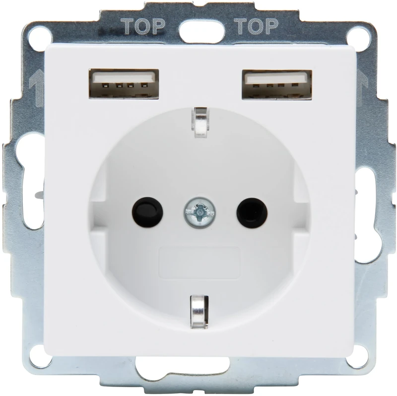 Kopp Athenis 296232080 Protective Contact Socket, 1 Gang with 2 x USB Charging Sockets, 16 A, 250 V~, Output Current of Charging Sockets Max. 2400 mA/5 V, IP20, Arctic White, Matte Surface