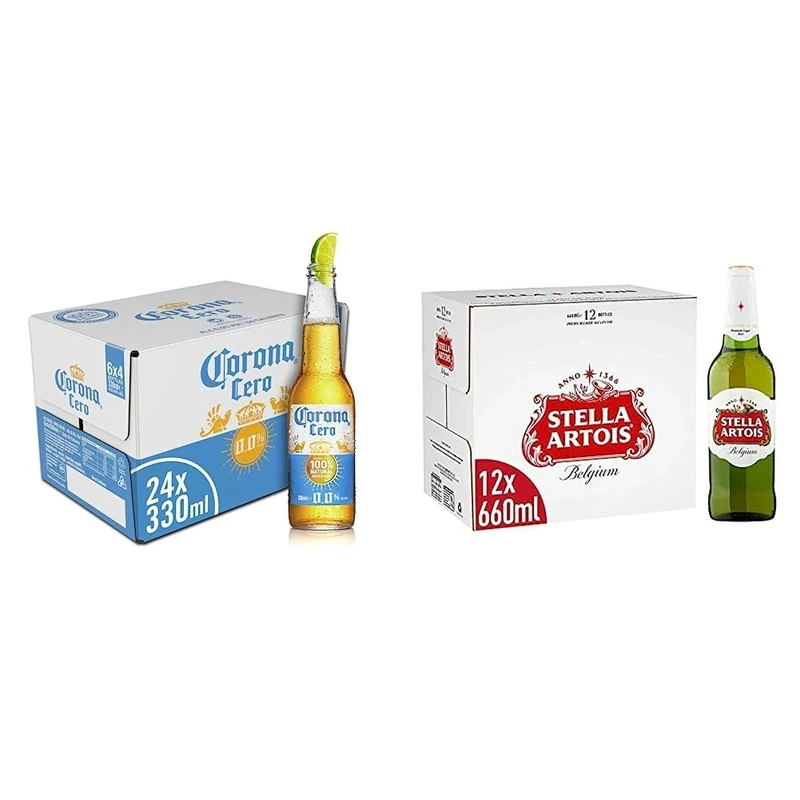 Corona Cero Alcohol Free Lager Beer 24 pack bottle, 0% ABV & Stella Artois Premium Lager Beer Large Bottle, 12 x 660ml