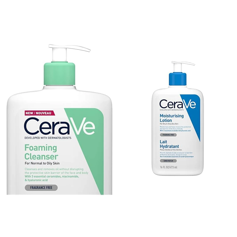 CeraVe Foaming Cleanser for Normal to Oily Skin 1 Litre with Niacinamide and 3 Essential Ceramides & Moisturising Lotion for Dry to Very Dry Skin 473 ml with Hyaluronic Acid and 3 Essential Ceramides