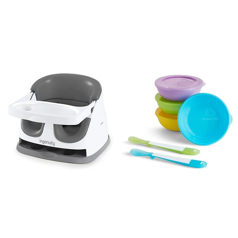 Ingenuity, Baby Base 2-in-1 Seat, Slate, Booster Chair, Dining and Feeding Seat for Toddlers, 6 Months+ & Munchkin Love A Bowls Toddler & Baby Bowls with Lids, Bright Plastic Baby Feeding Bowls 4 Pack
