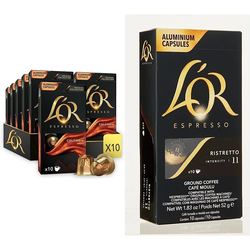 L'OR Origins Colombia Coffee Pods x10 (Pack of 10, Total 100 Capsules) & Espresso Ristretto Intensity 11 - Nespresso* Compatible Aluminium Coffee Capsules - 10 Packs of 10 Capsules (100 Drinks)