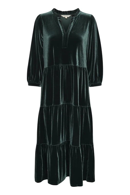 Part Two Women's Velvet Dress 3/4 Sleeves Midi Length Loose Fit V-Notch Neck, Green Gables, 12