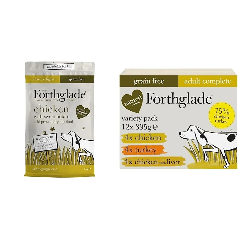 Forthglade Complete Natural Dry Dog Food - Grain Free Chicken with sweet potato with vegetables (6kg) Adult & Senior Dogs & Complete Natural Wet Dog Food - Variety Pack (12 x 395g) Trays