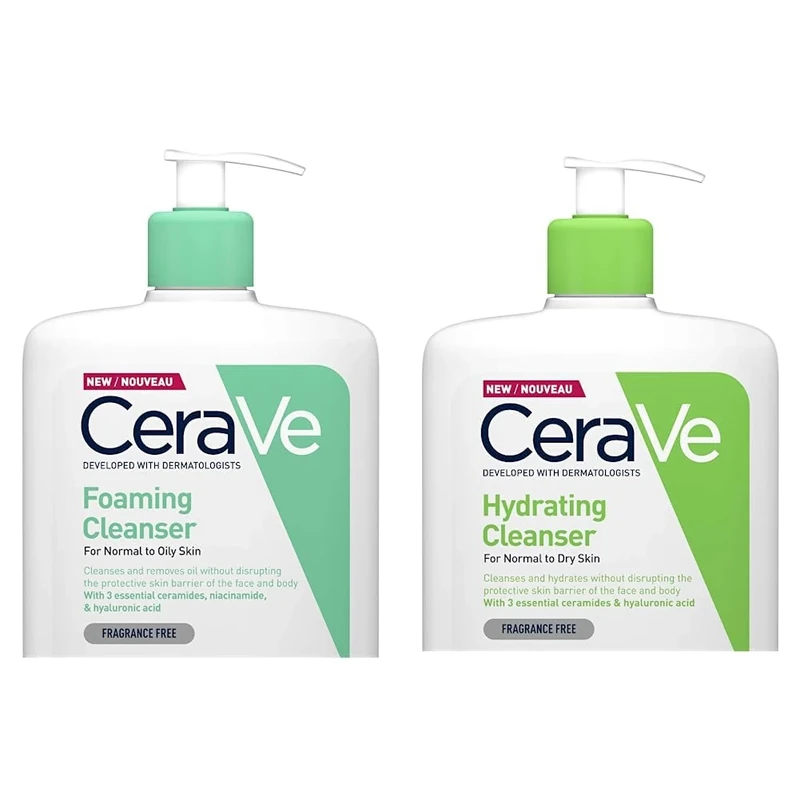 CeraVe Foaming Cleanser for Normal to Oily Skin 1 Litre with Niacinamide and 3 Essential Ceramides & Hydrating Cleanser for Normal to Dry Skin 1 Litre with Hyaluronic Acid and 3 Essential Ceramides