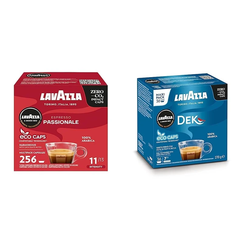 Lavazza, A Modo Mio Espresso Passionale, 256 Coffee Capsules, with Notes of Caramel and Chocolate & A Modo Mio Dek Cremoso Coffee Capsules, Decaffeinated Coffee Pods Espresso, 36 Coffee Capsules