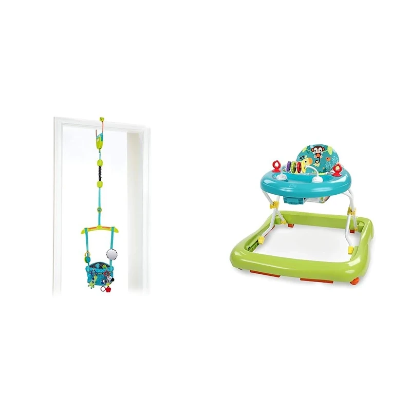 Bright Starts, Door Jumper - Bounce 'n Spring Deluxe with Padded Seat, Door Clamp, 6 Months + & Giggling Safari Walker with Easy Fold Frame for Storage, Ages 6 Months +