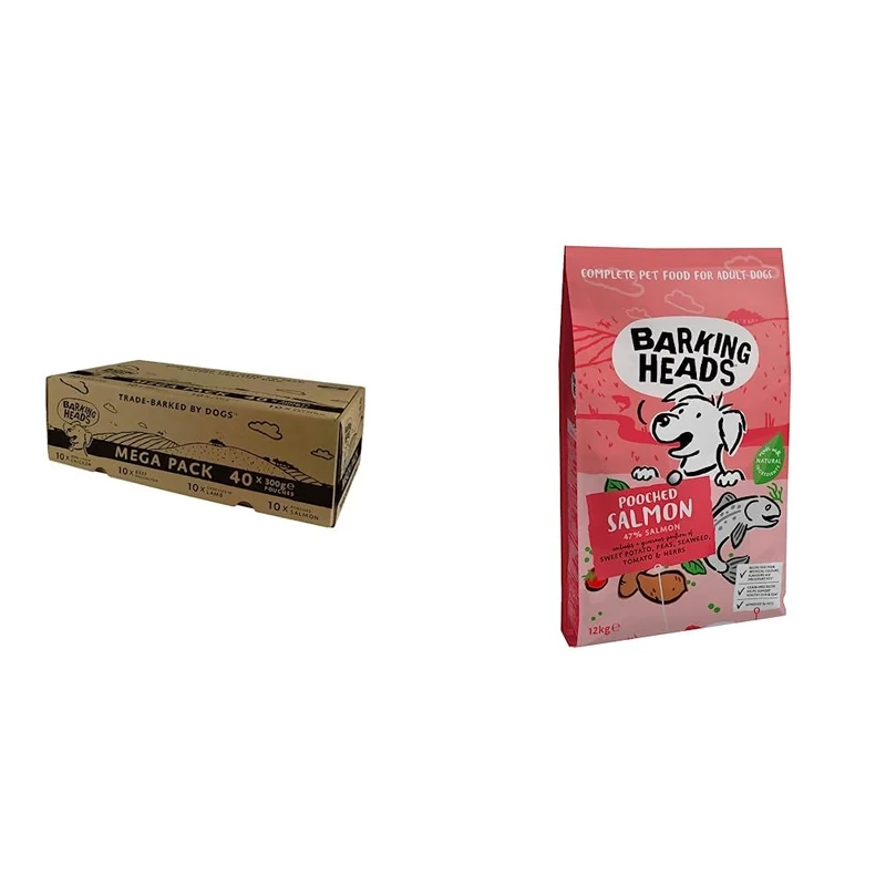 Barking Heads Wet Dog Food Pouches - Mega Variety Pack - Natural & Grain-Free with No Artificial Flavours Plus Added Vitamins & Minerals 40 x 300g & Dry Dog Food - Pooched Salmon 12kg