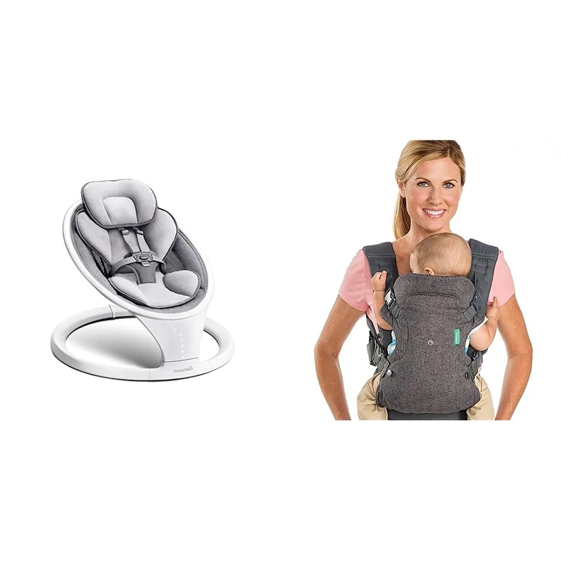 Munchkin Electric Baby Bouncer Chair, Bluetooth Enabled Baby Swing Chair, Baby Rocker Grey/White & Infantino Flip Advanced 4-in-1 Grey Carrier - Ergonomic, convertible
