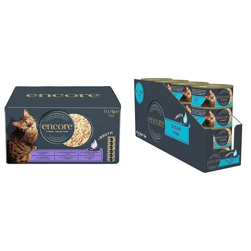 Encore 100% Natural Wet Cat Food, Multipack Chicken and Fish Selection in Broth 70 g Tins (Total of 48 Tins) & 100% Natural Cat Food, Ocean Fish In Broth Tin 70 g (Pack of 16)