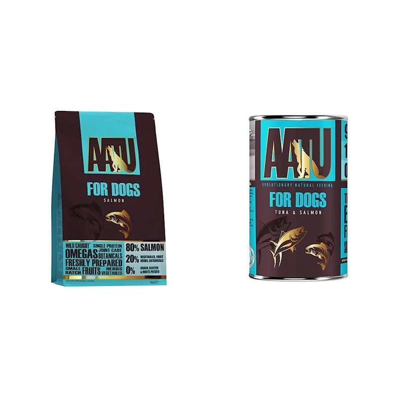 AATU 80/20 Dry Dog Food - Salmon 10kg - High Protein Grain Free Recipe with No Artificial Ingredients & 90/10 Wet Dog Food in a Tin - Tuna & Salmon (6x400g) - Grain Free Recipe