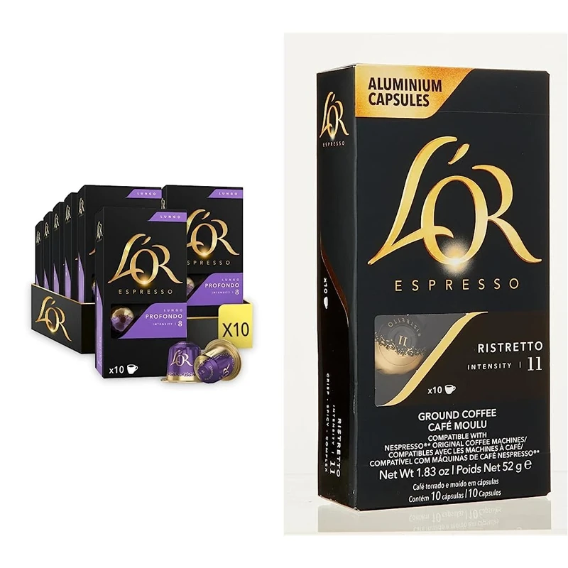 L'OR Espresso Lungo Profondo Intensity 8-10 Packs of 10 Capsules (100 Drinks) & Espresso Ristretto Intensity 11 - Nespresso* Compatible Aluminium Coffee Capsules