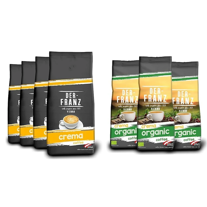 DER-FRANZ Crema Coffee, Whole Bean, 1000 g (4-Pack) & Crema Organic Coffee UTZ, Whole Bean, 3 x 500 g