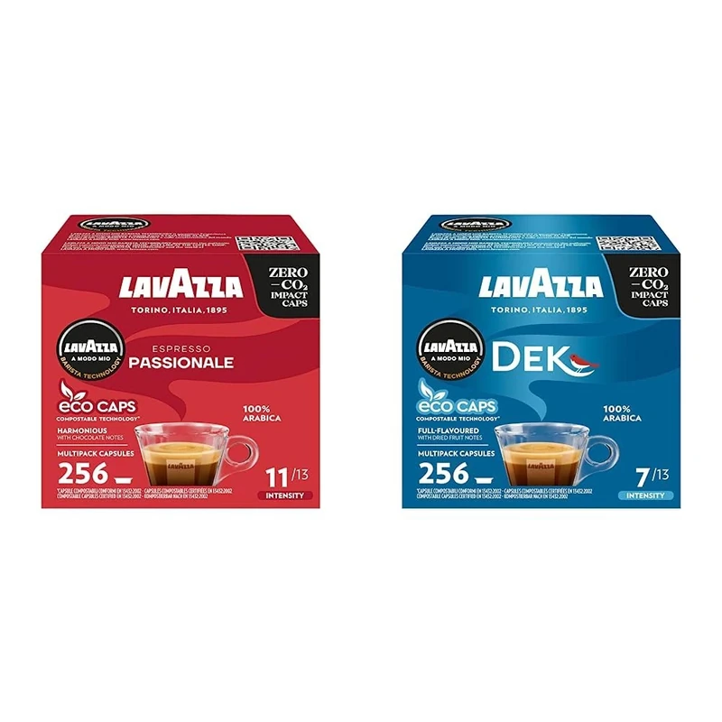 Lavazza, A Modo Mio Espresso Passionale, 256 Coffee Capsules, with Notes of Caramel and Chocolate & A Modo Mio Dek Cremoso Coffee Capsules, Decaffeinated Coffee Pods Espresso, 16 Packs