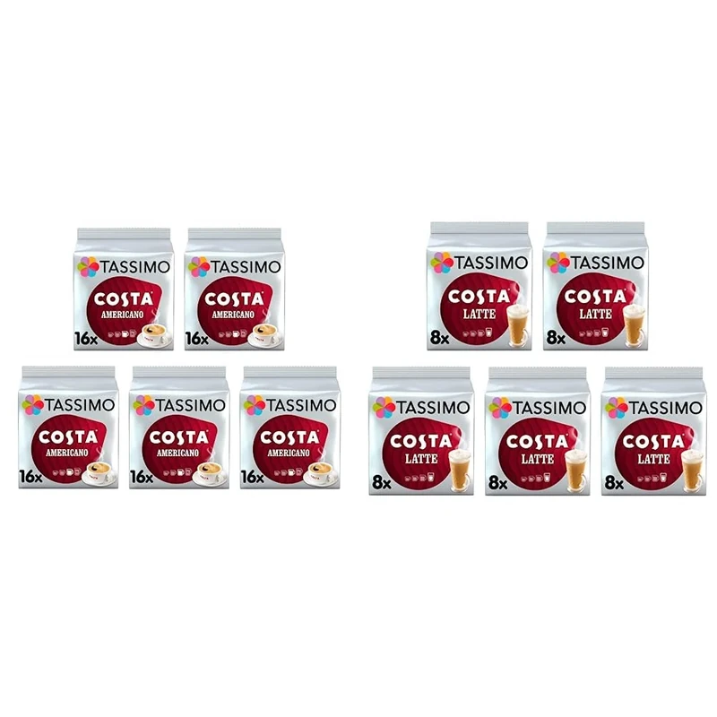 Tassimo Costa Americano Coffee Pods x16 (Pack of 5, Total 80 Drinks) & Costa Latte Coffee Pods x8 (Pack of 5, Total 40 Drinks)