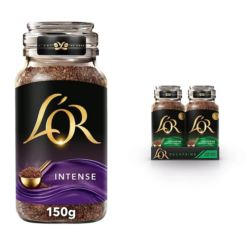 L'OR Intense Instant Coffee 150g (Pack of 6 Jars, Total 900g) & Decaf Instant Coffee 150g (Pack of 6 Jars, Total of 900g)