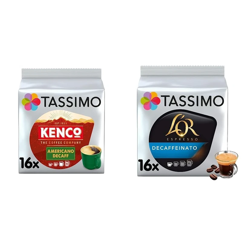 Kenco Tassimo Compatible Coffee Pods (Pack of 5, Total 80 Drinks) - Medium-Dark Roast Decaf Americano & L'OR Espresso Decaffeinato (Pack of 5, Total 80 Drinks) for Tassimo Coffee Machines