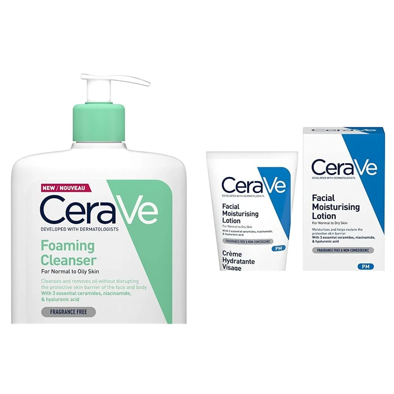 CeraVe Foaming Cleanser for Normal to Oily Skin 1 Litre with Niacinamide and 3 Essential Ceramides & PM Daily Facial Moisturiser Lotion 52ml with Niacinamide and 3 Essential Ceramides